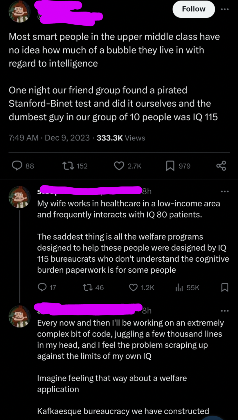 screenshot - Most smart people in the upper middle class have no idea how much of a bubble they live in with regard to intelligence One night our friend group found a pirated StanfordBinet test and did it ourselves and the dumbest guy in our group of 10 p